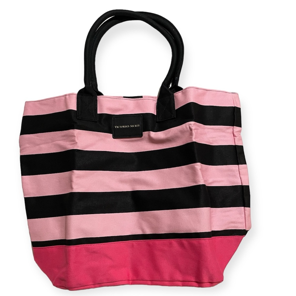 🎀 Victoria’s Secret Pink & Black Stripe Canvas Beach School Tote | NEW | OS